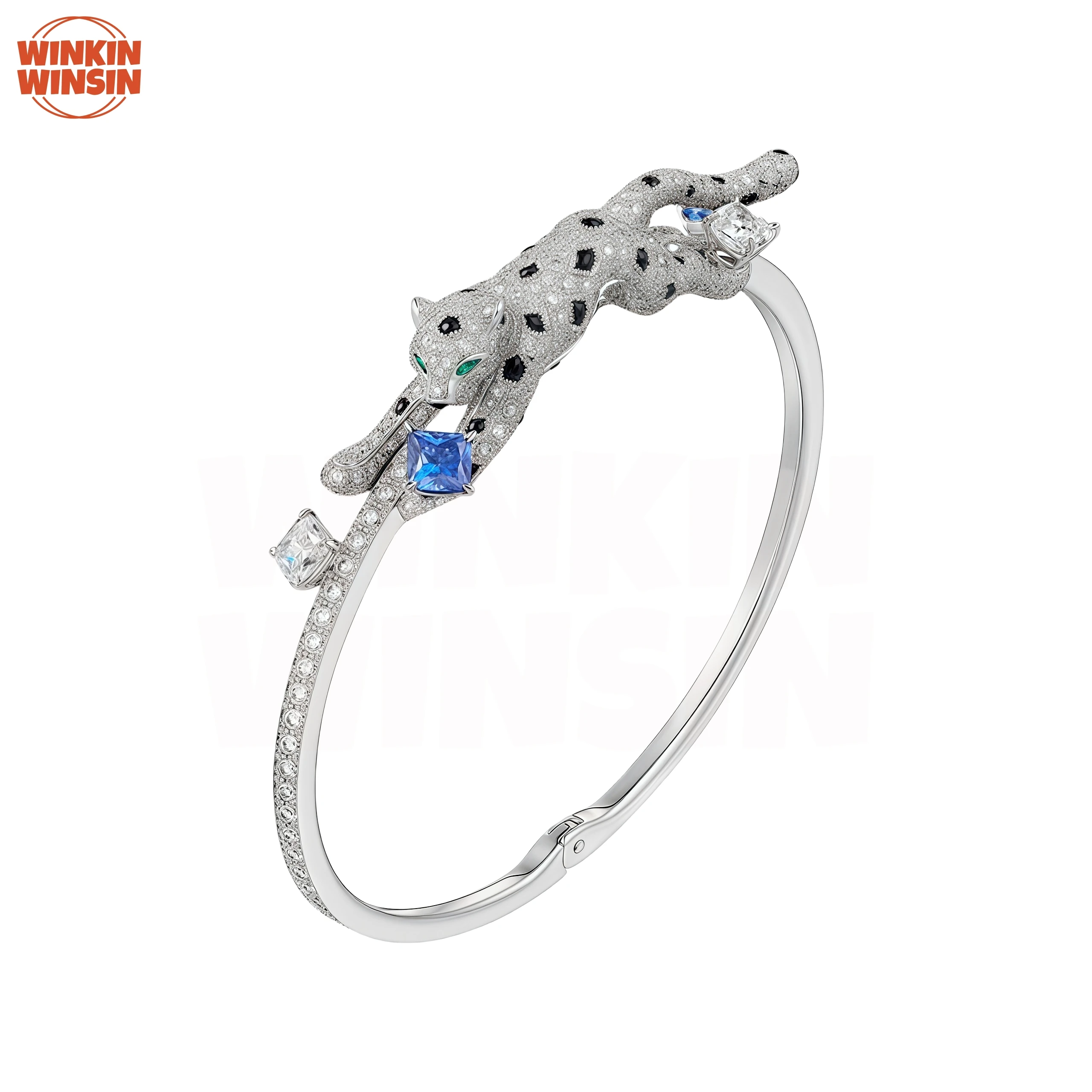 

Winkin Winsin Cheetah Leopard Bangle Designer 925 Sterling Silver Bangles Bracelets For Woman Man Blue Green Gemstones Jewelry