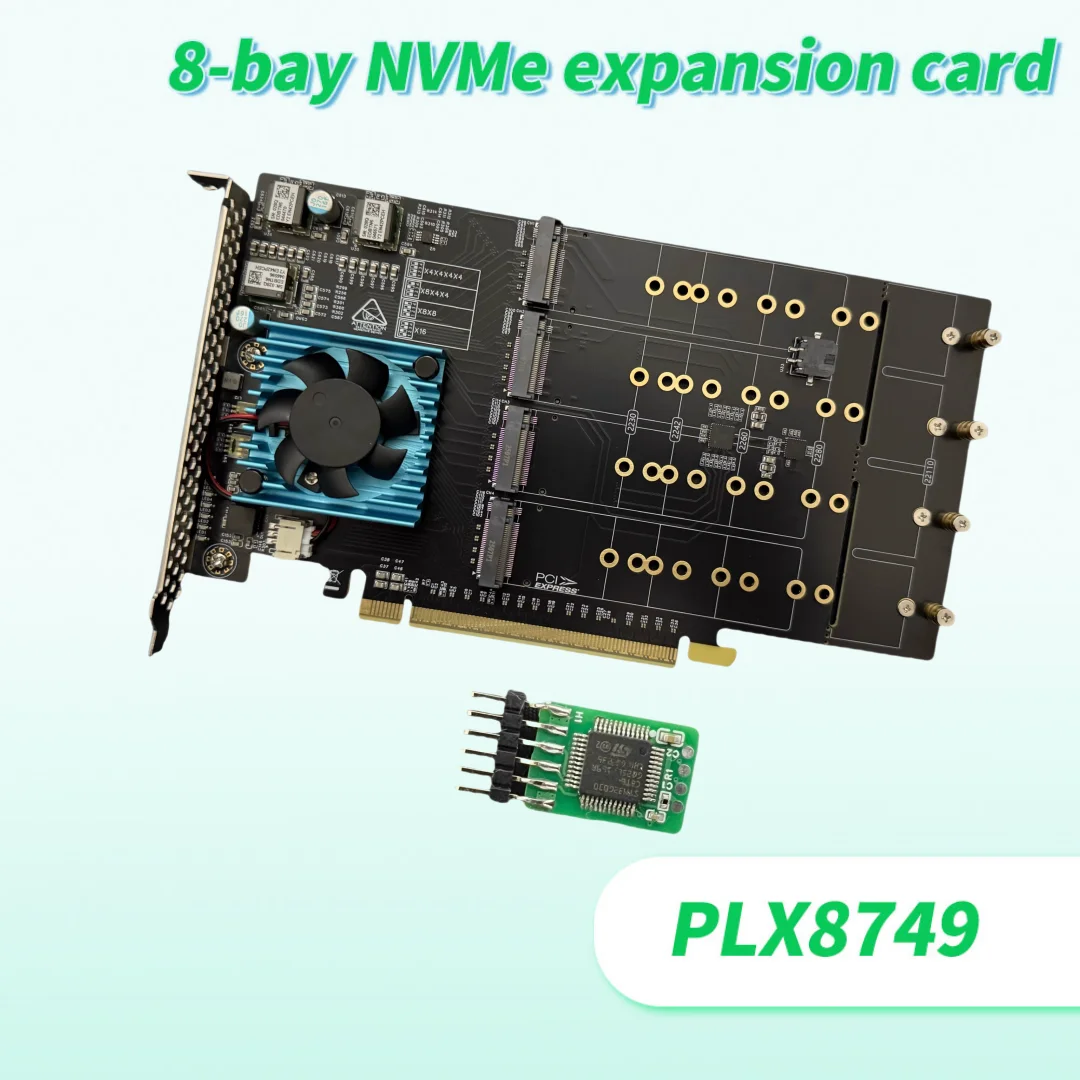 

Split-Free Driver-Free Plx8749 Eight-Bay M.2 Interface NVME PCIE Expansion Card Silent Cooling Fan with Full/Half Baffle
