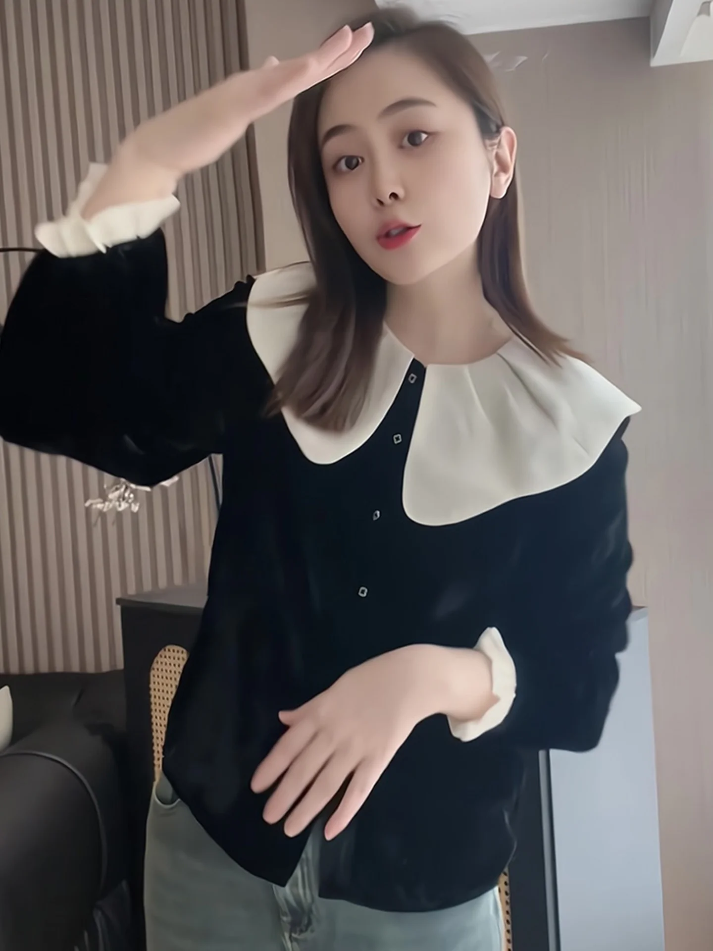 Colletto per bambola lungo in velluto Sve irt Agel Ele Versatile top coreano in seta per donne di 25-29 anni in autunno