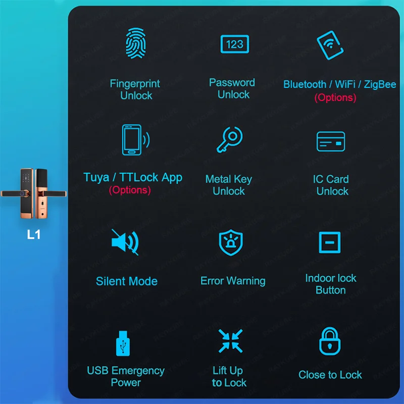 RAYKUBE-cerradura inteligente L1 para puerta, dispositivo de cierre con huella Digital, con WiFi, Tuya, ZigBee, TT, APP