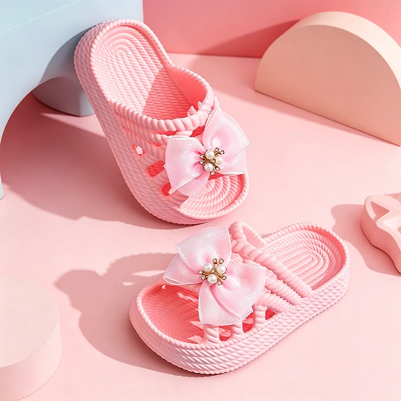 Sweet Princess Girls Slides with Lace Pearl Bow, Woven Hollow Out Thick Platform Non-Slip Summer Slippers