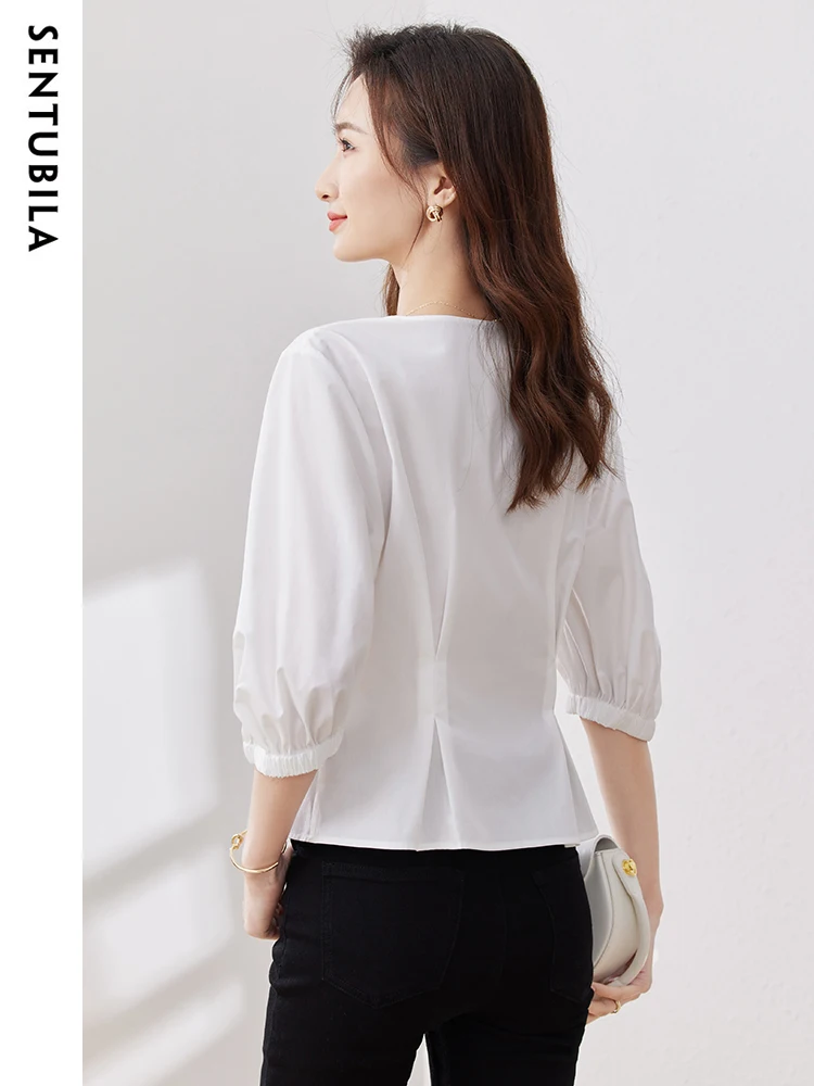 SENTUBILA Elegant Chic Woman Blouse 2024 Summer Short Sleeve Ruched V Neck Shirt Fashion Slim Top Ladies Korean Style 132C49059