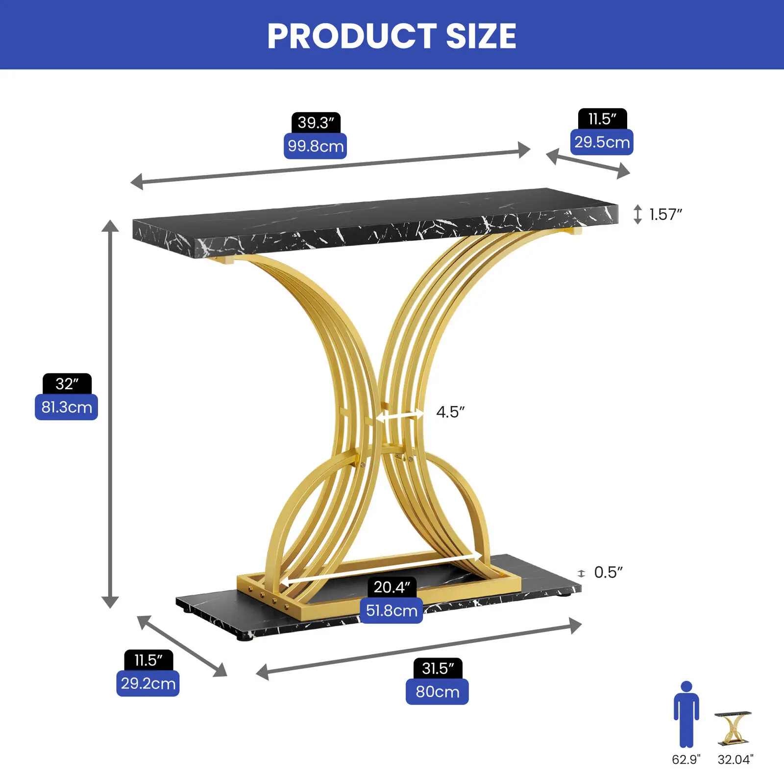 Mesa consola de oro de 39 pulgadas, mueble de imitación de mármol blanco, para sala de estar