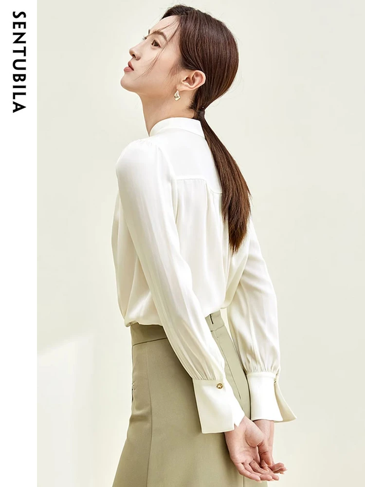 SENTUBILA Elegant Chiffon Blouse for Women 2024 Autumn Bow V Neck Long Sleeve Top Woman Office Lady Shirts & Blouses M33V50342