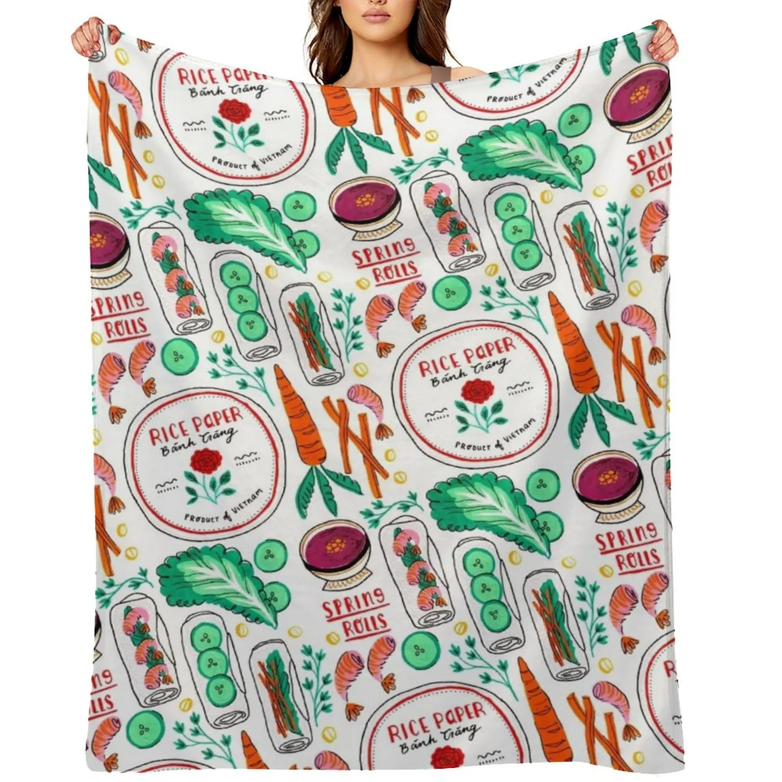 Manta Decorativa Delgada para Sofá con Diseño de Rollitos Primaverales Vietnamitas, Mantas Pesadas para Sofá