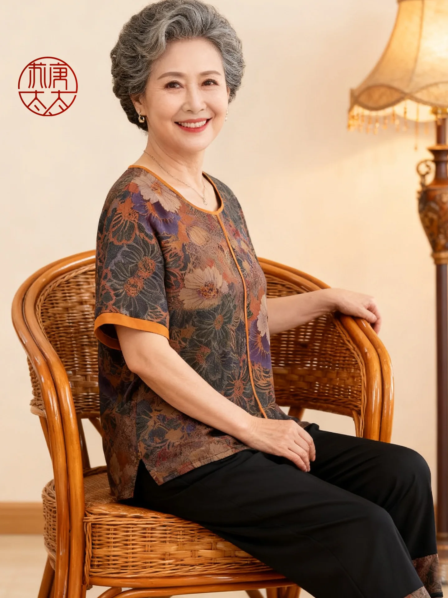 

Elegant Short Sleeve Women's Summer Outfit Set Grandmother Fashionable Senior Mom Clothes High Quality Loose Fit round Neck
