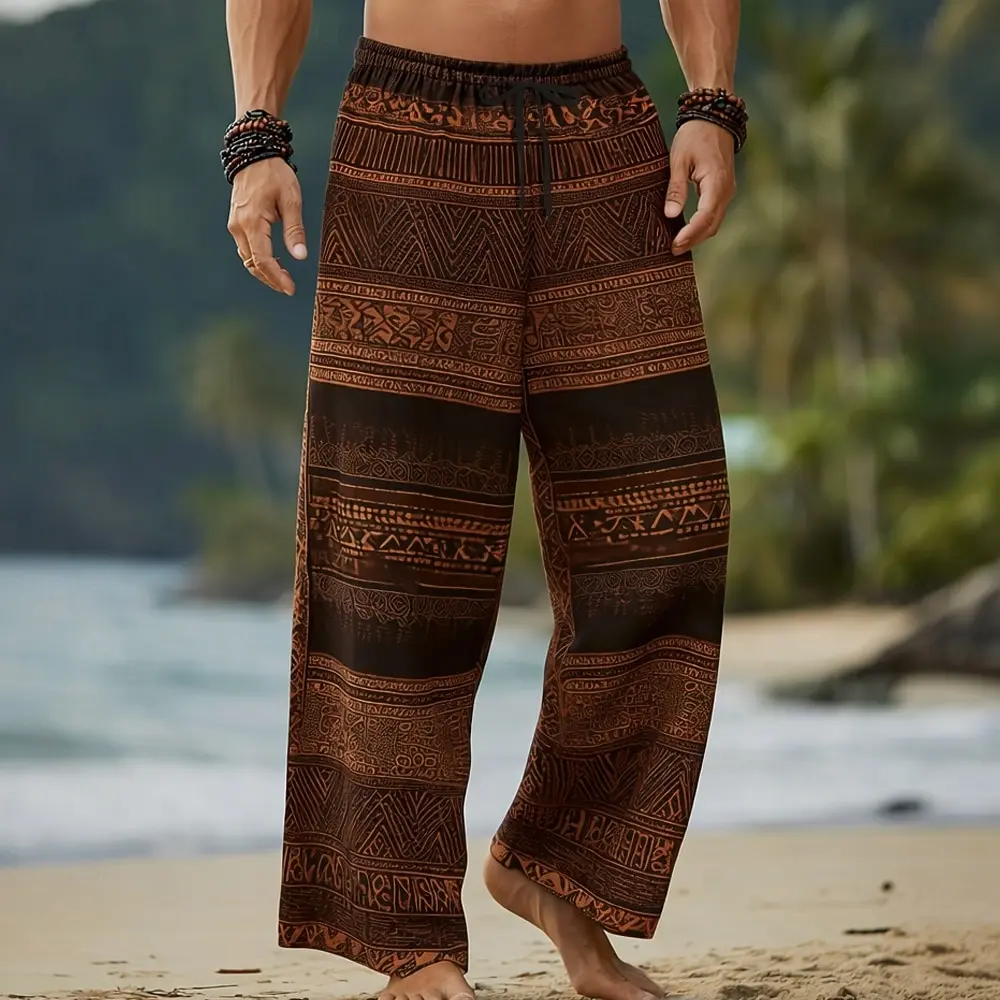 Men's 3D Geometric Ethnic Casual Pants, Baggy Mid Waist Boho Vintage, Elastic Drawstring Waist, Spring Summer
