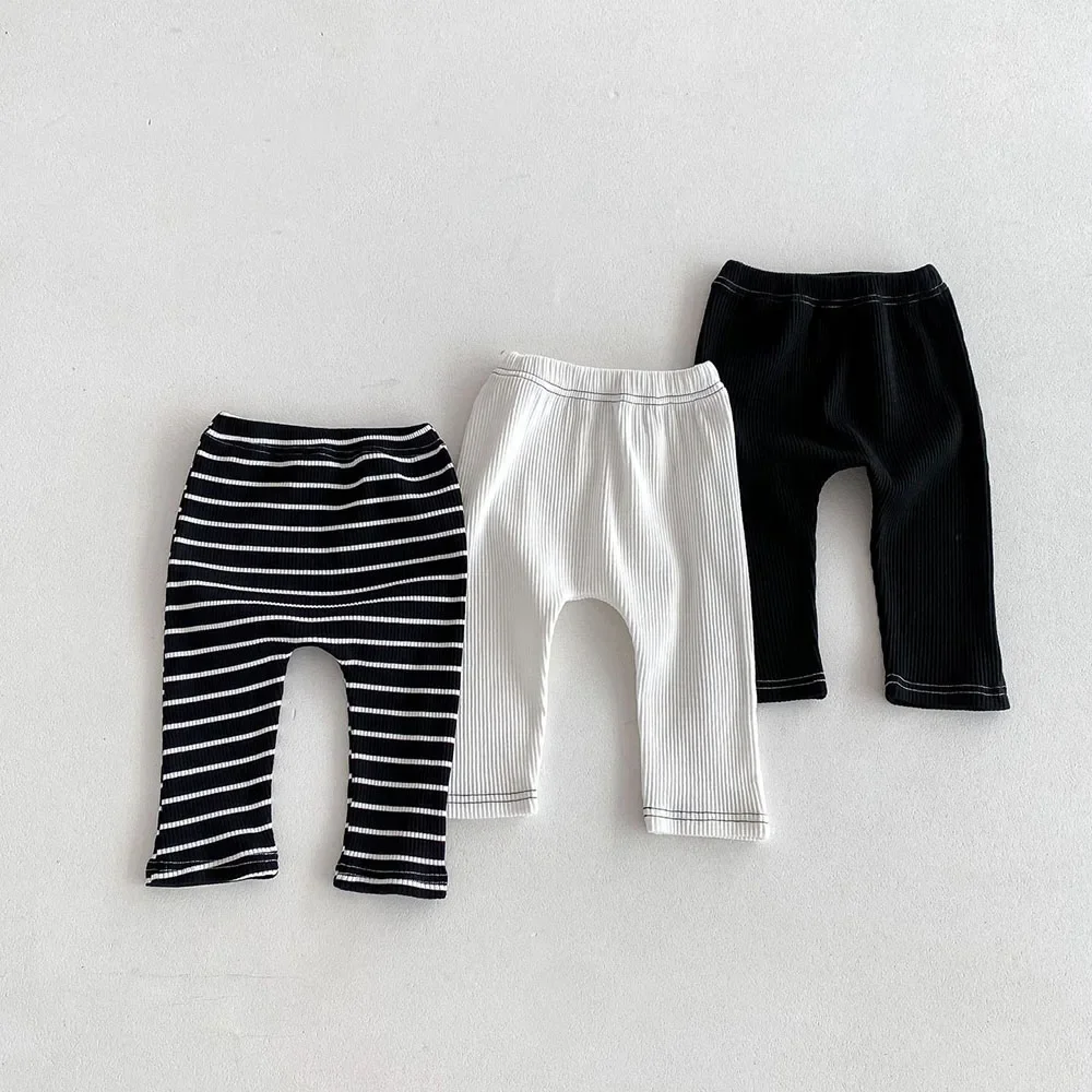 

Black/White 2024 Autumn Baby Pants 0-3 Y Korean Style Toddler Girls Solid Big PP Leggings Infant Boys Cotton Slim Fit Trousers