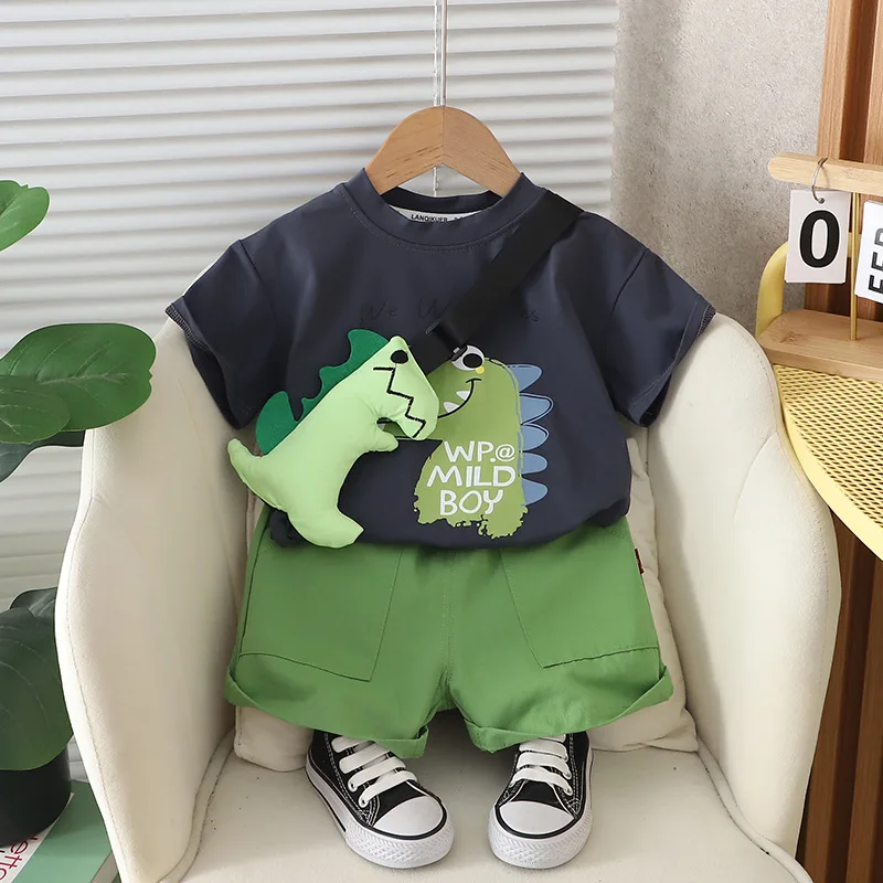 2024 designerskie małe dziecko 18 miesięcy letnie ubrania dla dzieci Cartoon dinozaur t-shirty z krótkim rękawem + kombinezony dla chłopców zestaw strojów