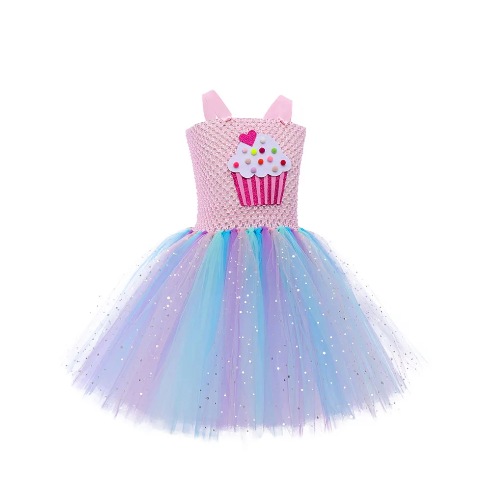 Pastel Rainbow Girls Cupcake Costume Sweet Candyland Girl Tutu Dress with Headband Baby Birthday Outfit Princess Ball Gown