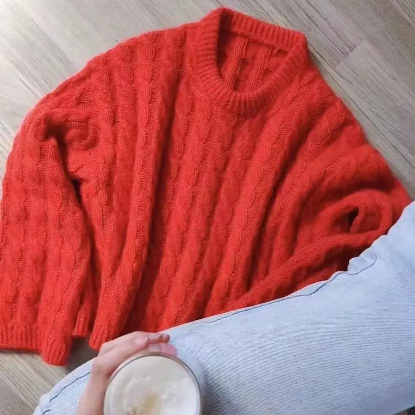 Autumn new hand knitting loose slacker pullover mohair sweater Fried Dough Twists women's knitting sweater China red women's