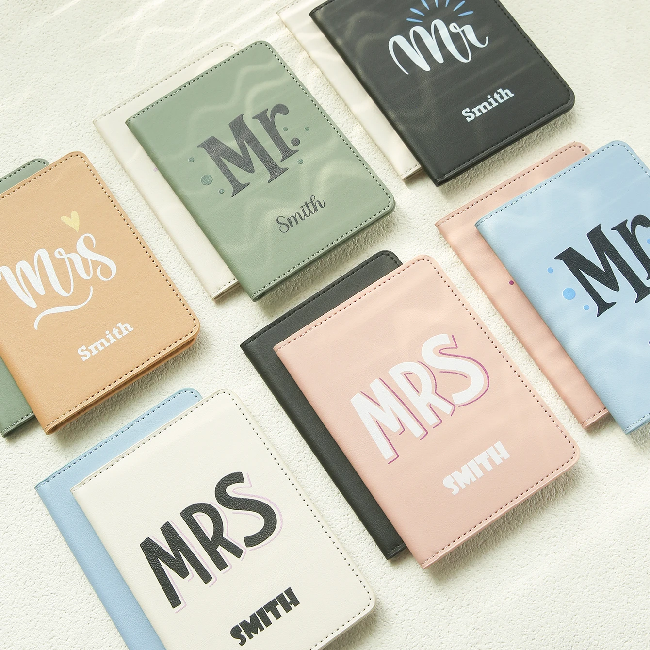 Takeoak 2PCS Couple Passport Cover Customized Name Mr/Mrs PU Leather Passport Holder Print Faux Leather Document Card Holder