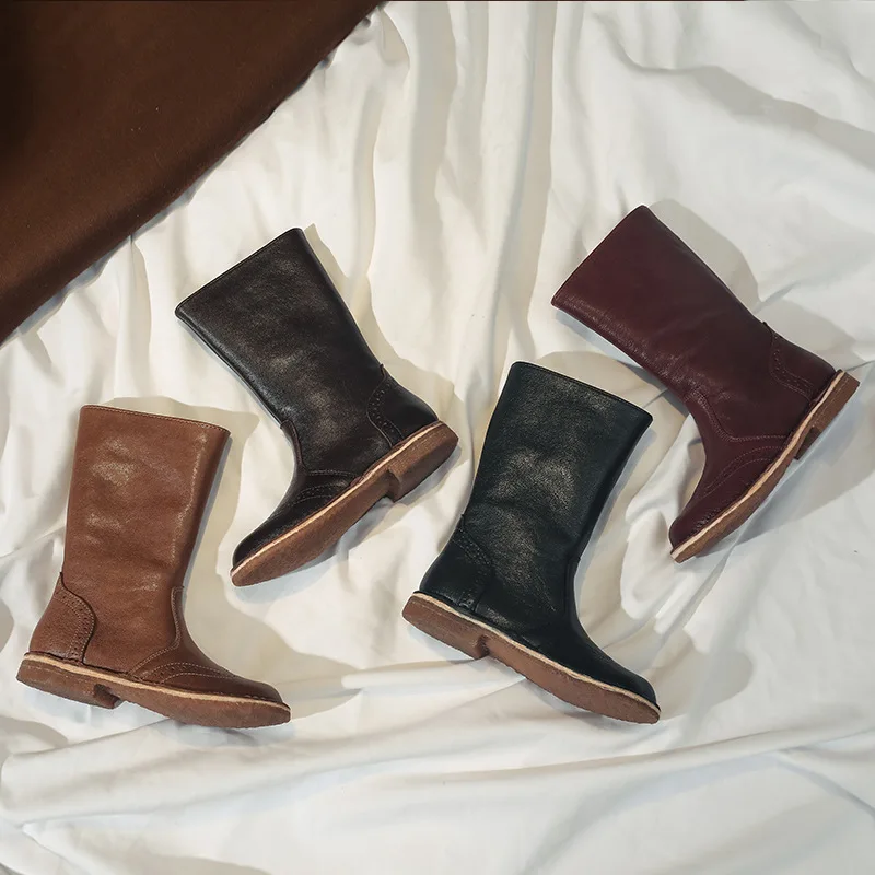 New Vintage Casual Genuine Leather High Boots Girls Princess Handmade Cowhide Children Motorcycle Outdoor Hiking Shoes Kids