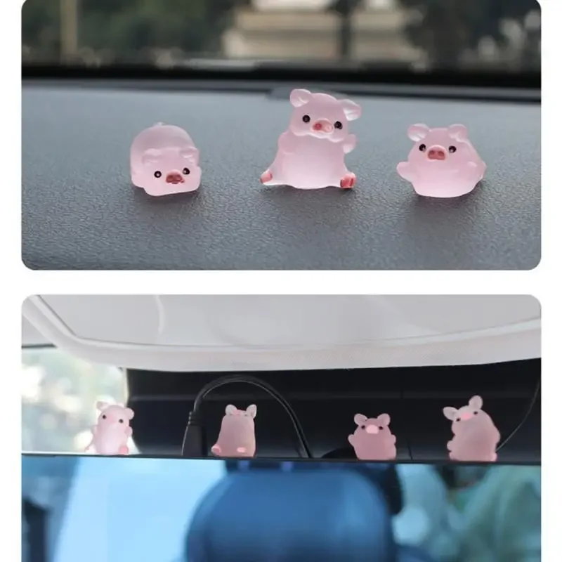 6PC Luminous Mini Resin Pig Car Dashboard Toys Dolls Figures Home Garden Decoration Cartoon Color Chick Cute Car Ornaments Gifts