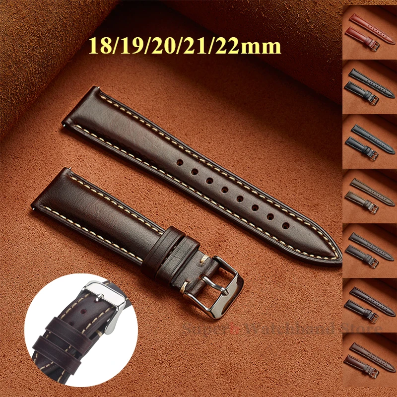 18/19/20/21/22/24mm Vintage Oil Wax Leather Bracelet for Samsung Galaxy Watch Stitching Cowhide Quick Release Strap Calfskin