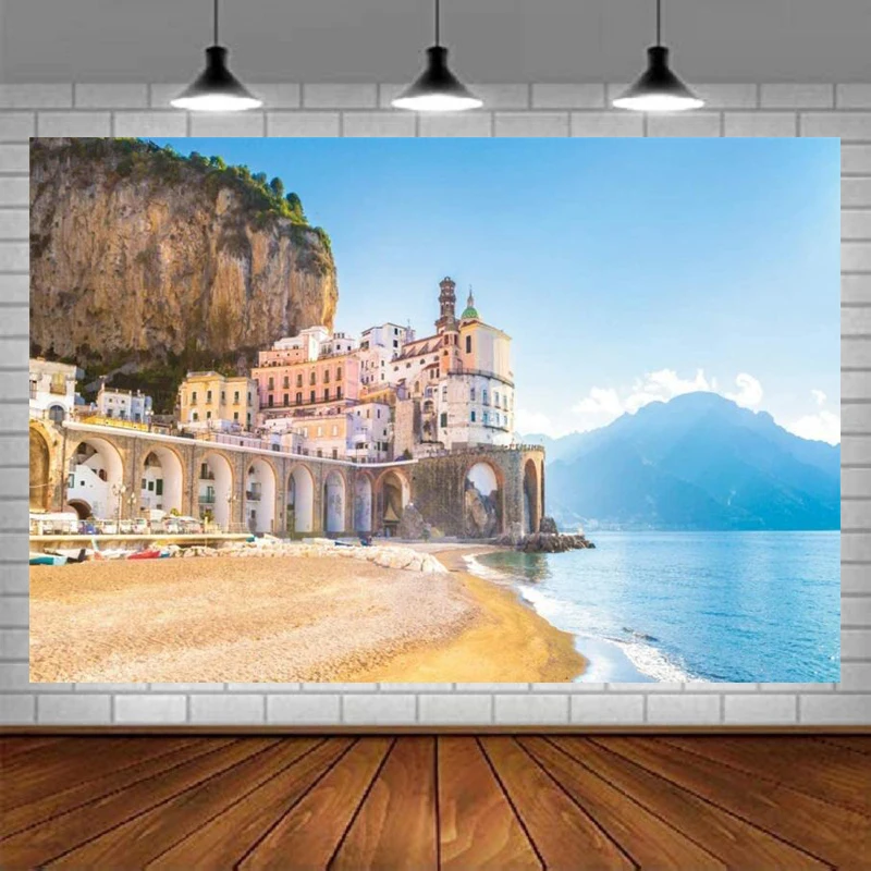 Amalfi Cityscape On Coast Line Backdrop Mediterranean Sea Line Travel Wedding Holiday Adult Child Portrait Background Decor