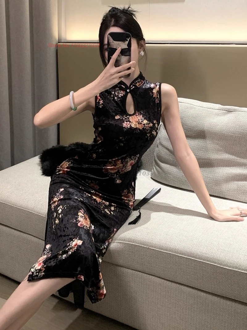 

2025 chinese improved sleeveless cheongsam velvet qipao dress flower print sexy evening banquet dress vintage nightclub dress