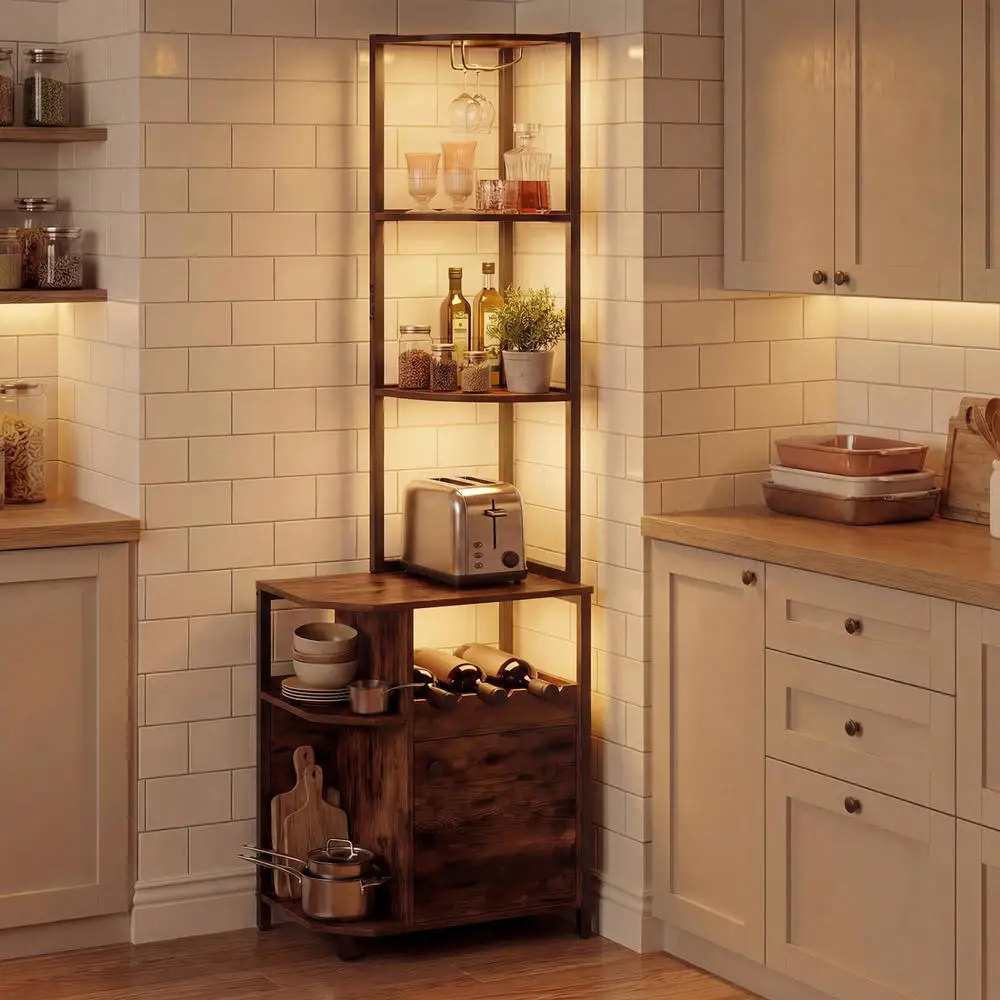 6-Tier Corner Bar Cabinet with LED Lights and Charging Station for Kitchen-Rustic Brown