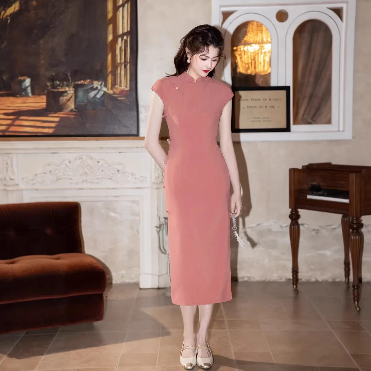 

Spring and Summer New Style New Chinese Style Improved Cheongsam Long Temperament Slim Fit Pink Cotton Qipao