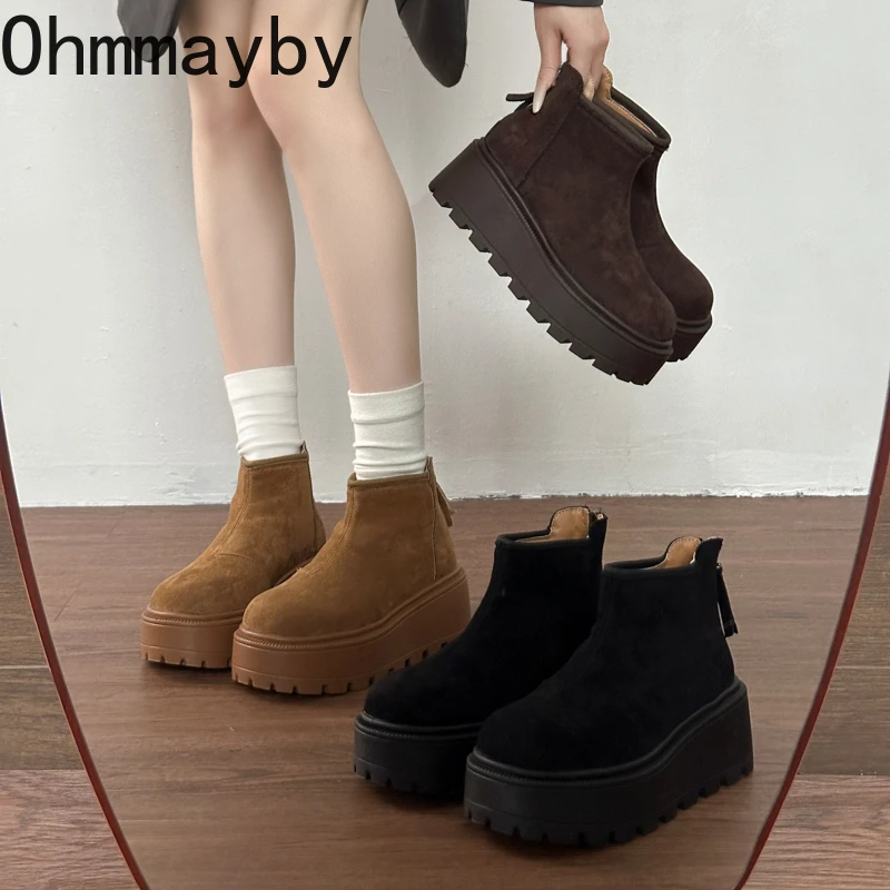 Autumn Winter Vintage Warm Cotton Women Ankle Boots Fashion Platform Height Increase Plush Short Boots Botines Para Mujeres