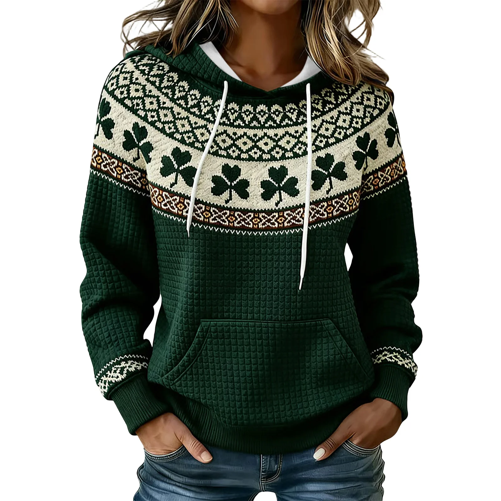 

st patricks day women hoodie green clover print waffle knit drawstring ethnic pattern casual top long sleeve pocket sweatshirt