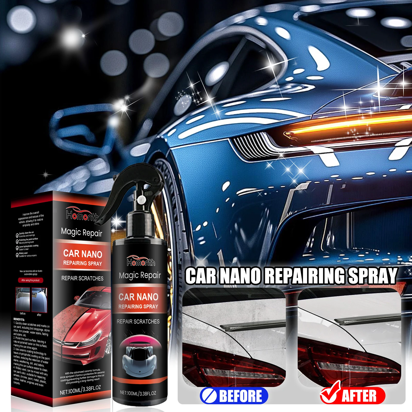 HOMONTH-Spray de reparación Nano para coche, revestimiento cerámico automático, agente de pulido de capa hidrofóbica de cristal líquido, protección de pintura de alto brillo