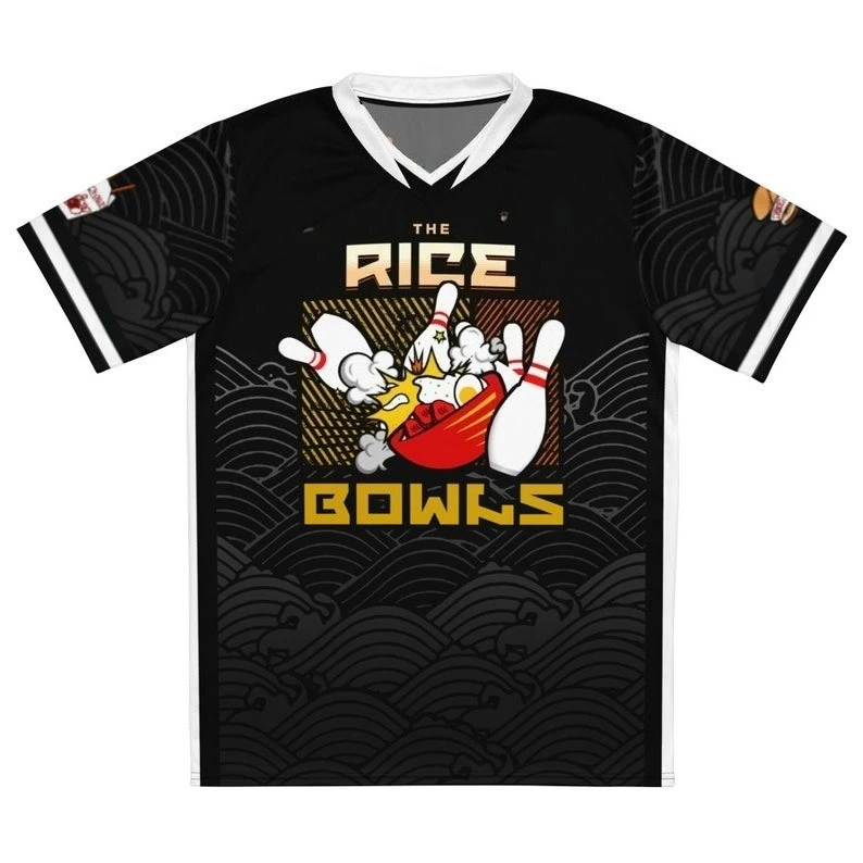 Men's Quick-dry Sports T-shirt Featuring An All-over Cartoon Print of Ramen and Bowling Pins Designed As A V-neck Bowling Shirt