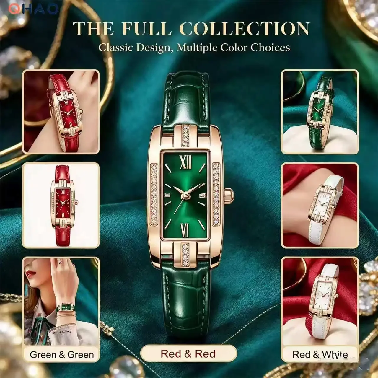 Luxury Green Dial Square Leather Watch Bracelet Set for Women Simple Fashion Quartz Timepiece