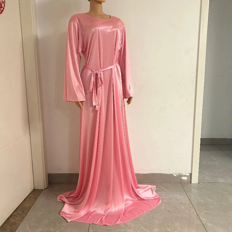 Bata de dormir rosa de 1.2-2m, brillante, sexy, para hombre y mujer, de satén, suave y sedoso al tacto, vestido largo de manga larga, holgado, talla grande.