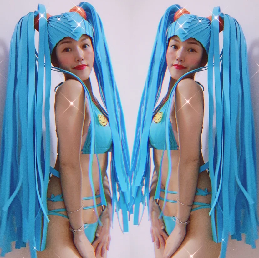 Sexy ice blue long wig Sailor Moon Cosplay gogo blue cost haloween cost stage clothes bar KTV