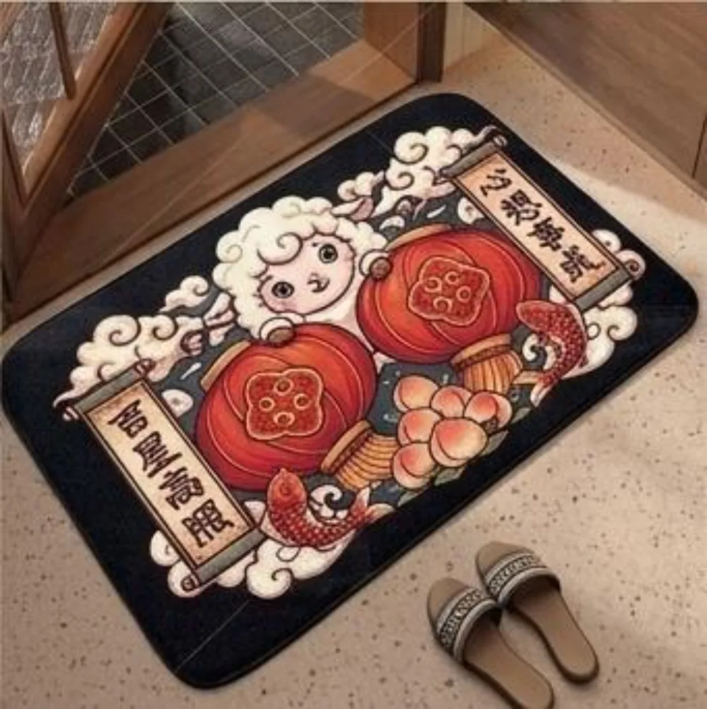 Indoor Doormat Chinese New Year Cute Sheep Lantern Print Non Slip Entrance Way Porch Kitchen Bedroom Welcome Floor Pad