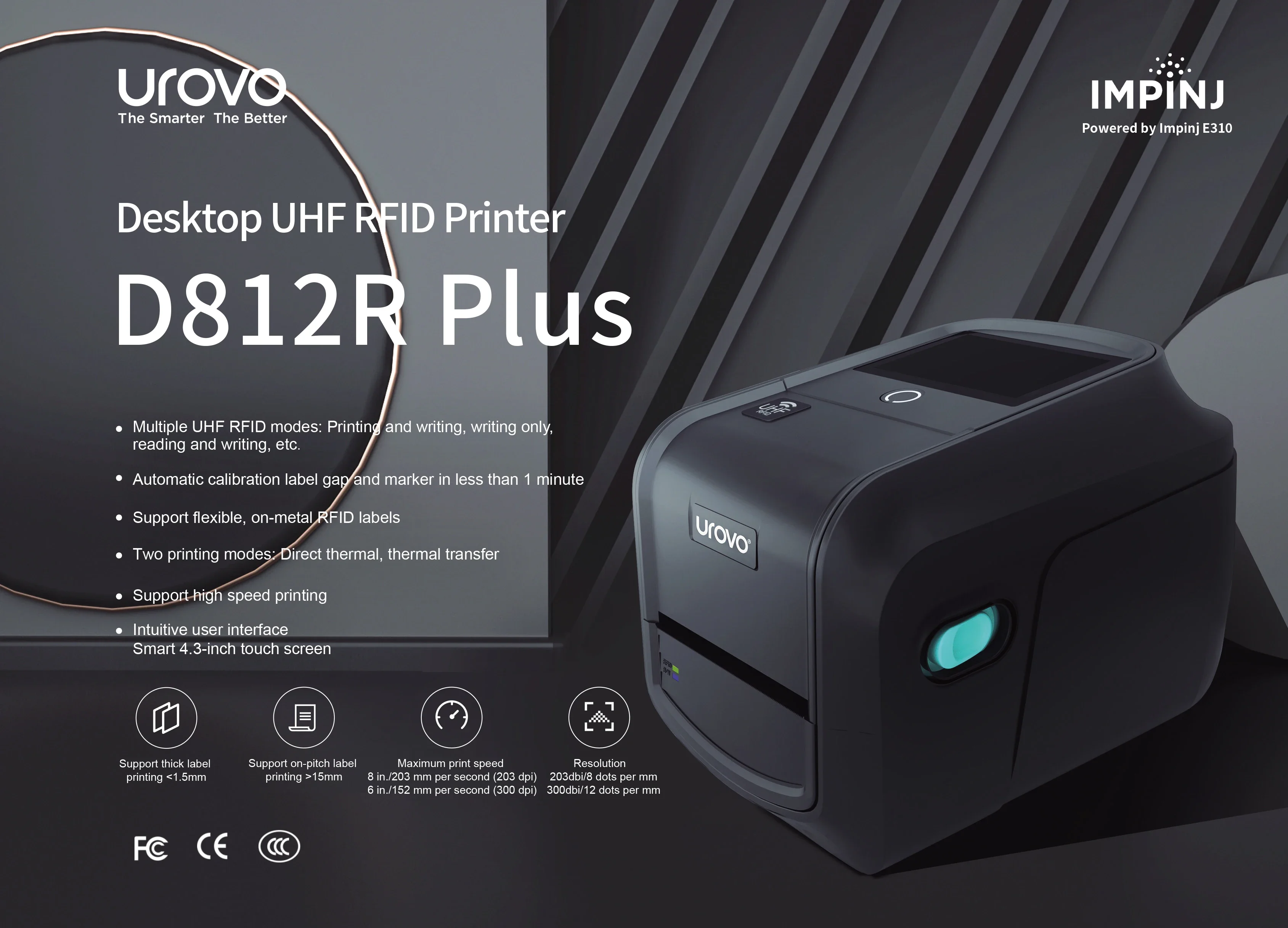 2025 venda quente Urovo D812R Plus Impressora de etiquetas RFID de mesa: codificação de etiqueta no passo de alta velocidade de 15 mm