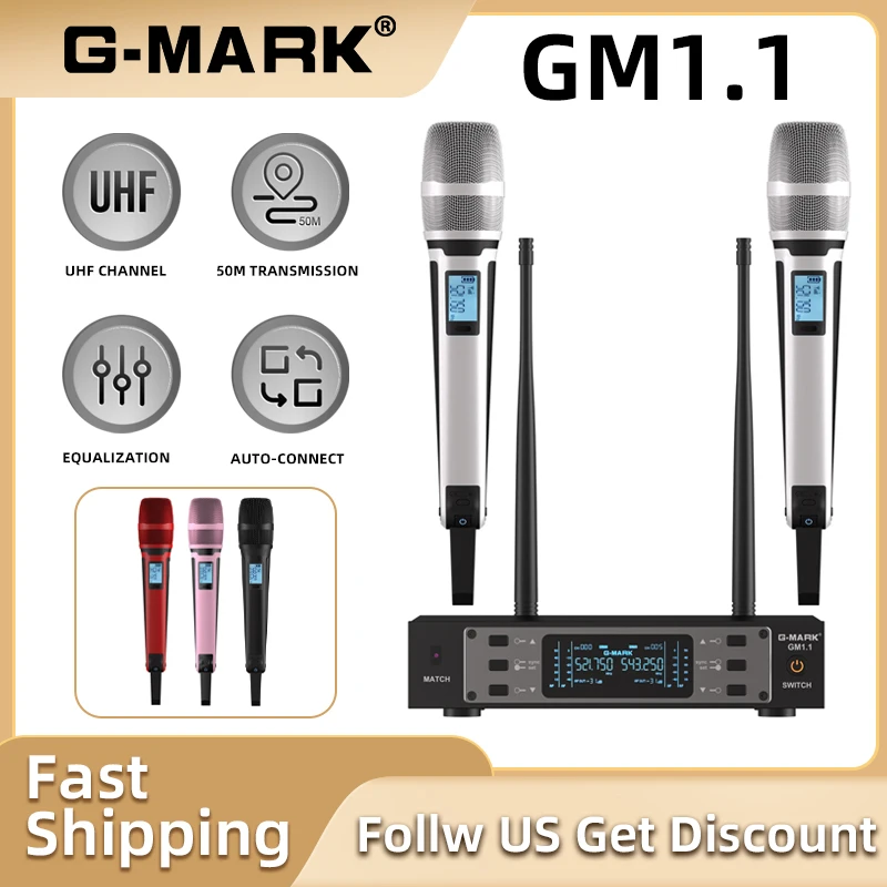 Беспроводной микрофон G-MARK GM1.1, 2-канальный ручной микрофон UHF с регулировкой частоты для караоке, профессиональных церковных шоу