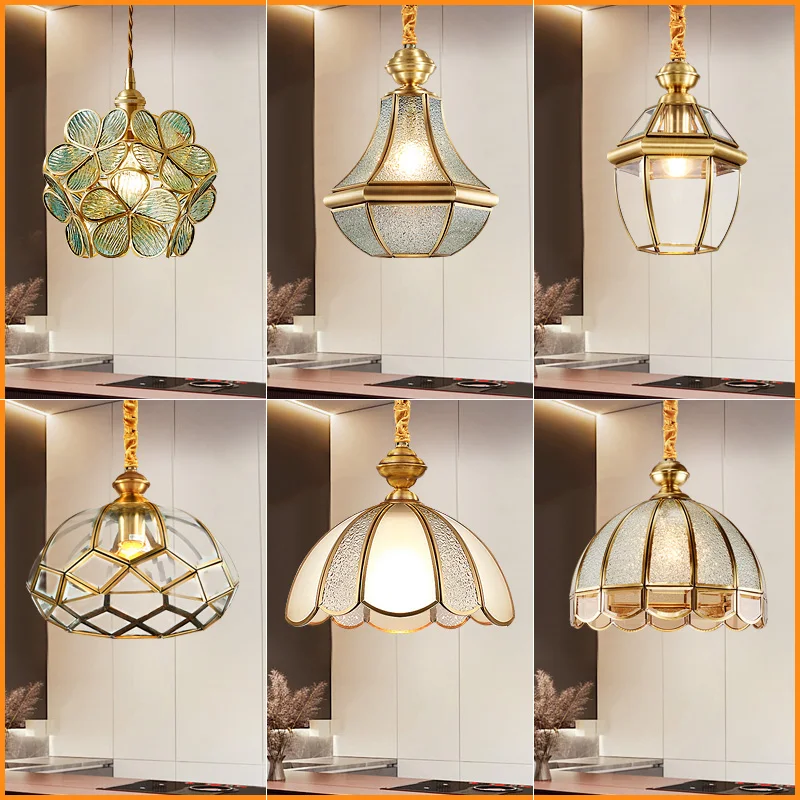 American Style All Copper Pendant Lamps Nordic Bar Kitchen Table LED Hanging Light Minimalist Retro Entrance Balcony Coffee Shop