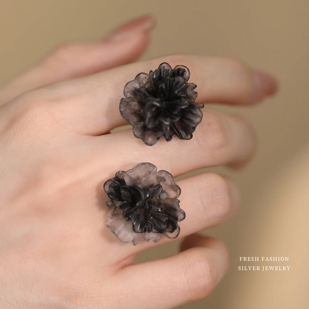 F.I.N.S Original S999 Sterling Silver Wrinkle Black Resin Flower Stud Earrings Trendy Floral Piercing Big Ear Fine Jewelry Gifts