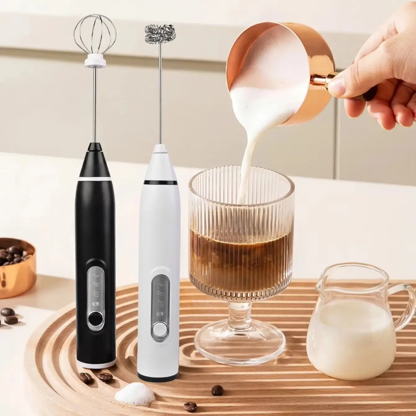Electric milk frother, egg beater, 3-speed dual stick USB charging handheld milk coffee mixer, cream mixer, baking tools