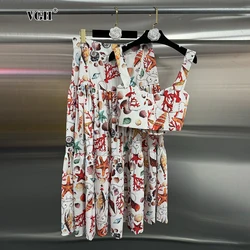 VGH Hit Color Prinitng Two Piece Sets For Women Square Collar Sleeveless Backless High Waist A Line Skirt Elegant Set Female