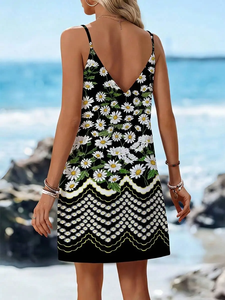 

Womens V Neck Backless Daisy Print Mini Dress Adjustable Thin Strap Flowy Beach Summer Casual Sleeveless A Line