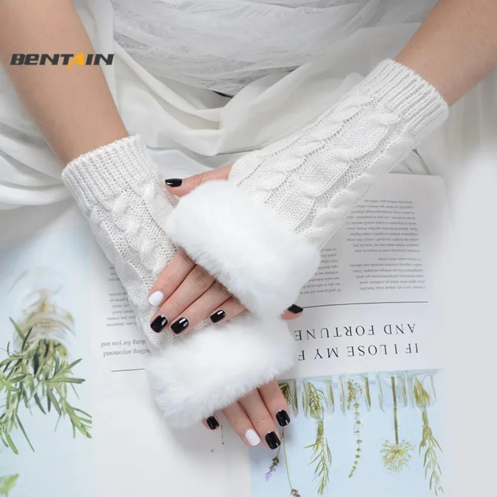 Women's Half Finger Gloves Open Finger Writing Warm Hand Warmer Solid Color Knitted Wool Twist Arm Sleeves Fingerless Gloves