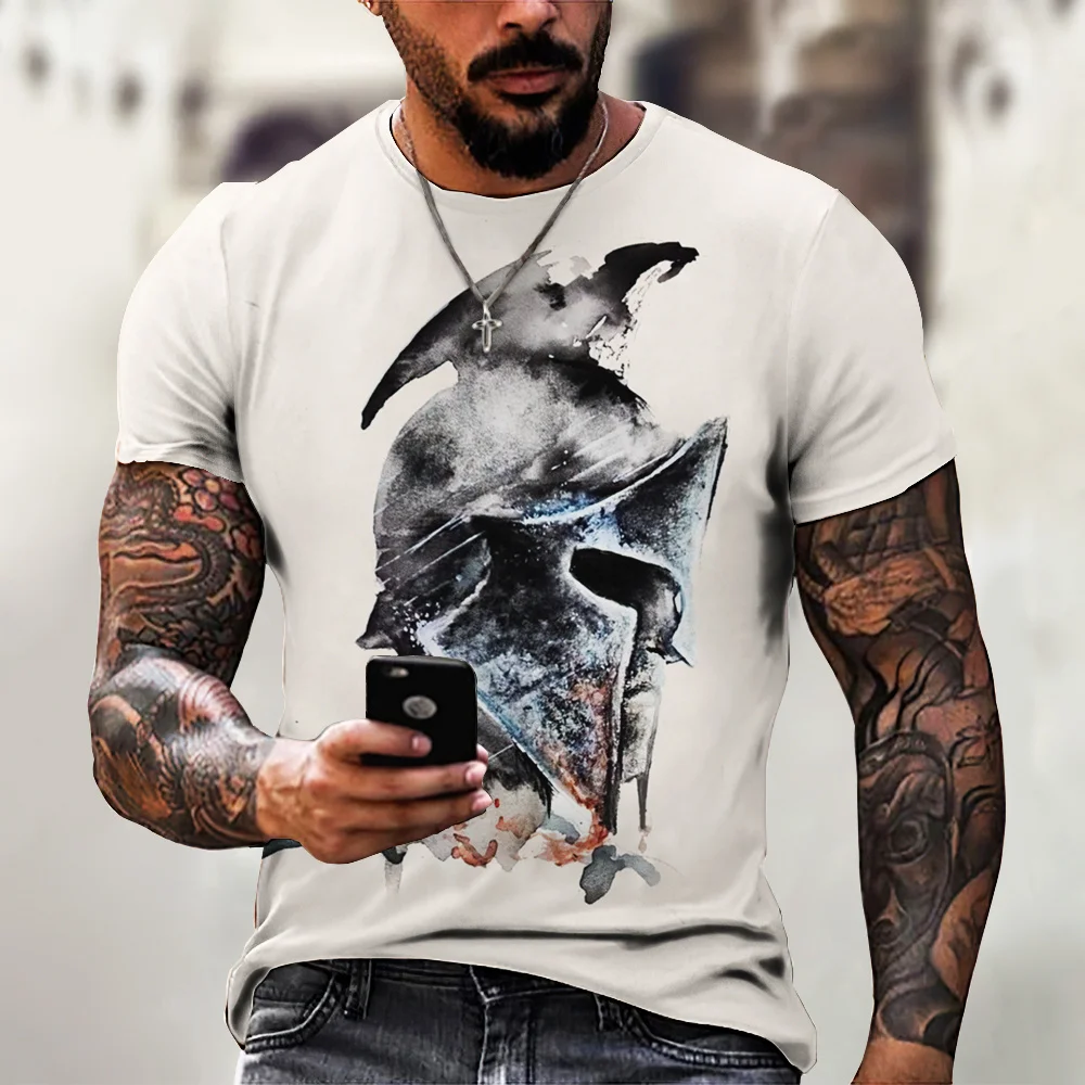 Summer Men's 3d Printed Spartan Print Short Sleeve O-Neck T-Shirt Fashion Loose Street Personality Trend Retro Plus Size Top