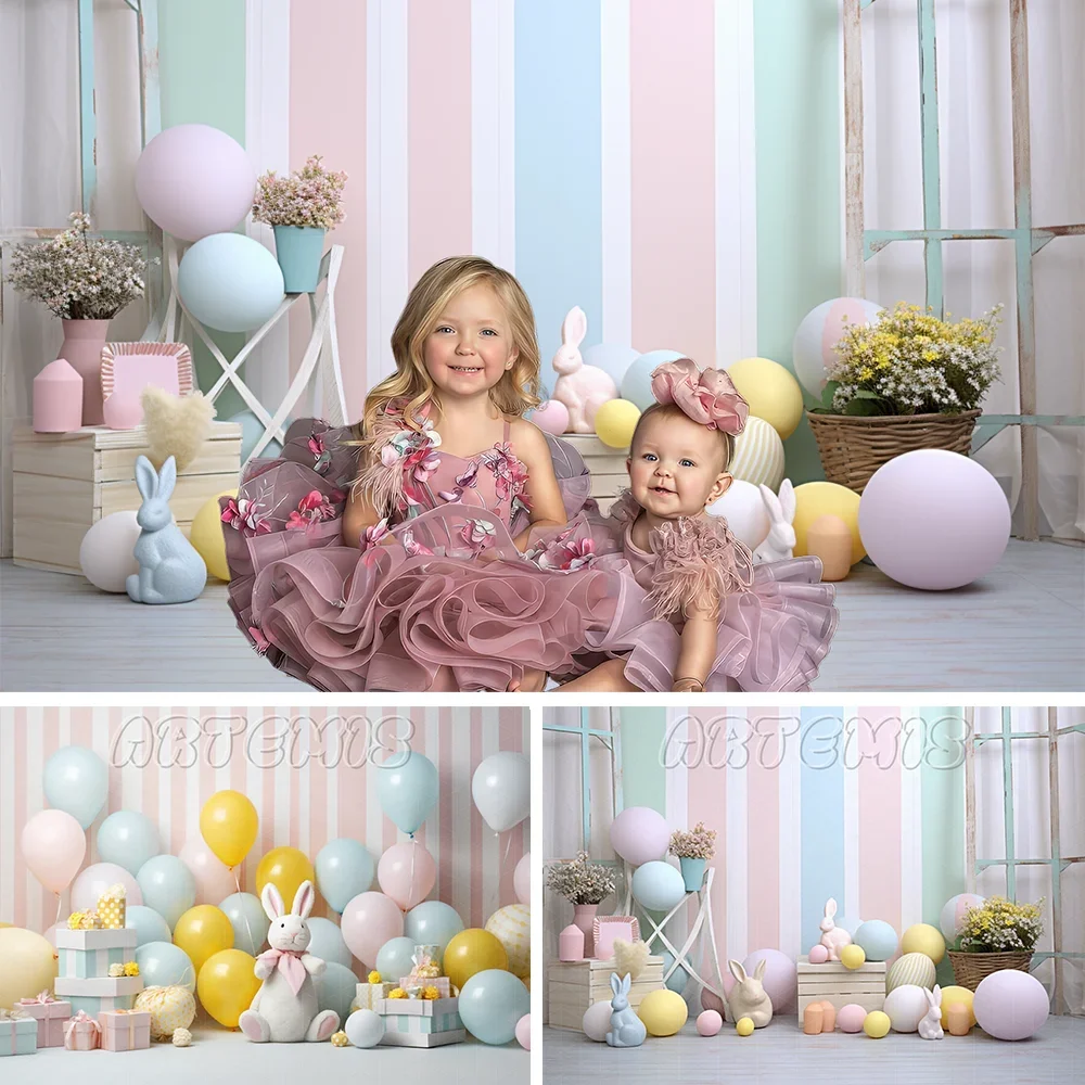 

Spring Photography Backdrop Easter Party Decor Egg Bunny Pink Yellow Striped Baby Shower Kids Birthday Portrait Photo Background