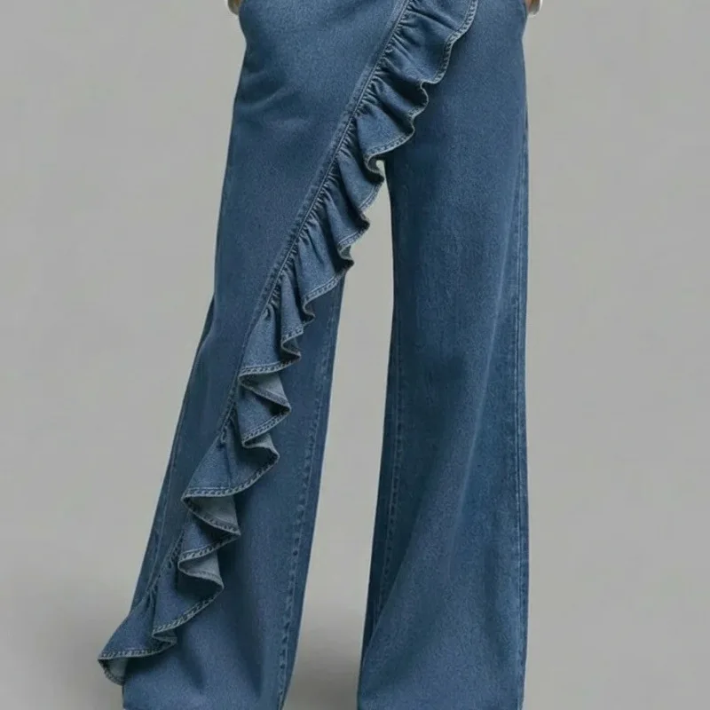 Shpmishal 2026 Spring Summer Women Vintage Denim Look Trousers Mid Waist Irregular Hem Wide Leg Pants