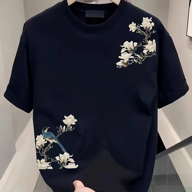 Sommerliches Casual-Herren-T-Shirt aus 100% Baumwolle mit Rundhalsausschnitt und Blumenmuster-Print, Vielseitig Einsetzbar, Weich und Atmungsaktiv für Outdoor-Aktivitäten