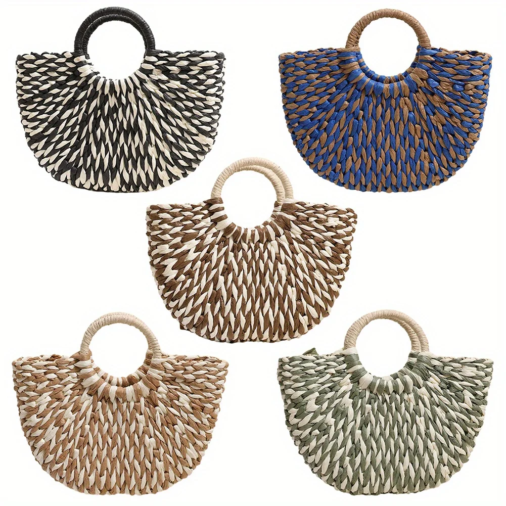 Color-Clash Straw Tote Bags for Women - Fashion-Forward Half-Round Design, Perfect for Summer Beach Style - Lightweight, Versati