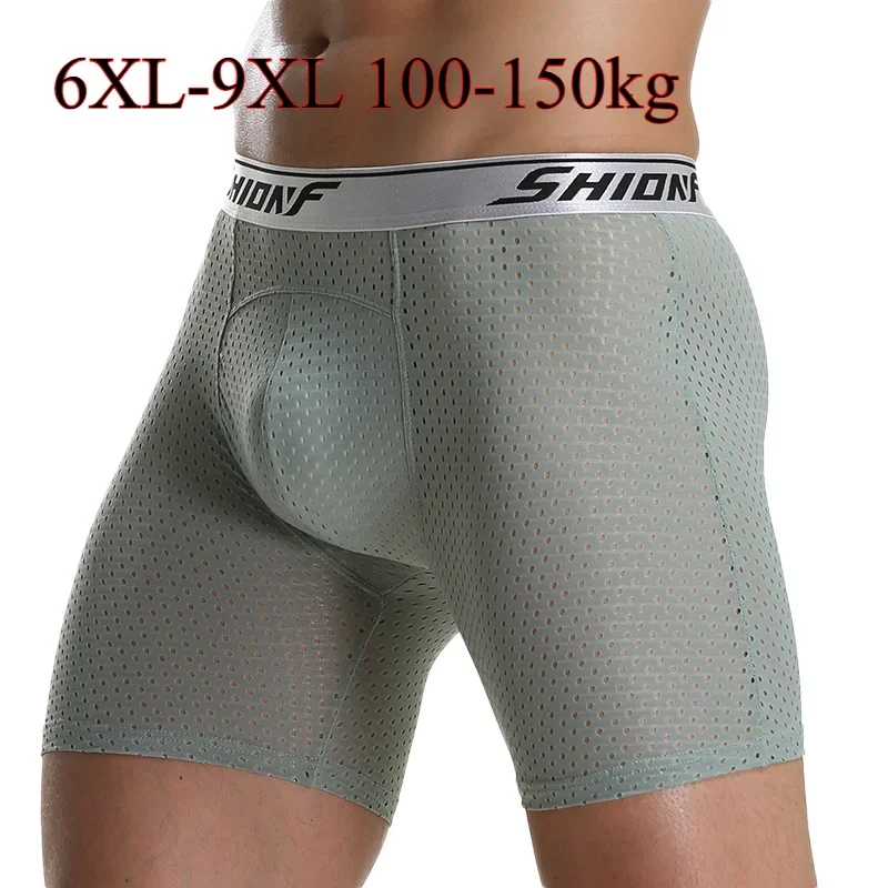 

9XL Plus Size Men's Sports Underwear Extended Anti-wear Long Legs Boxer Shorts Summer Mesh Hollow Trunk Support Pouch Underpant