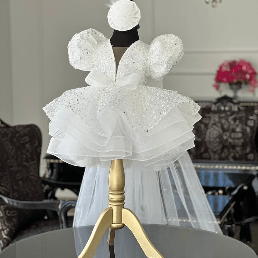 

Dream Girl Wedding Cocktail Dress Puffy Sleeve Sequins Delicate Party Ball tulle little tail 0-12 years old gift little hairpin