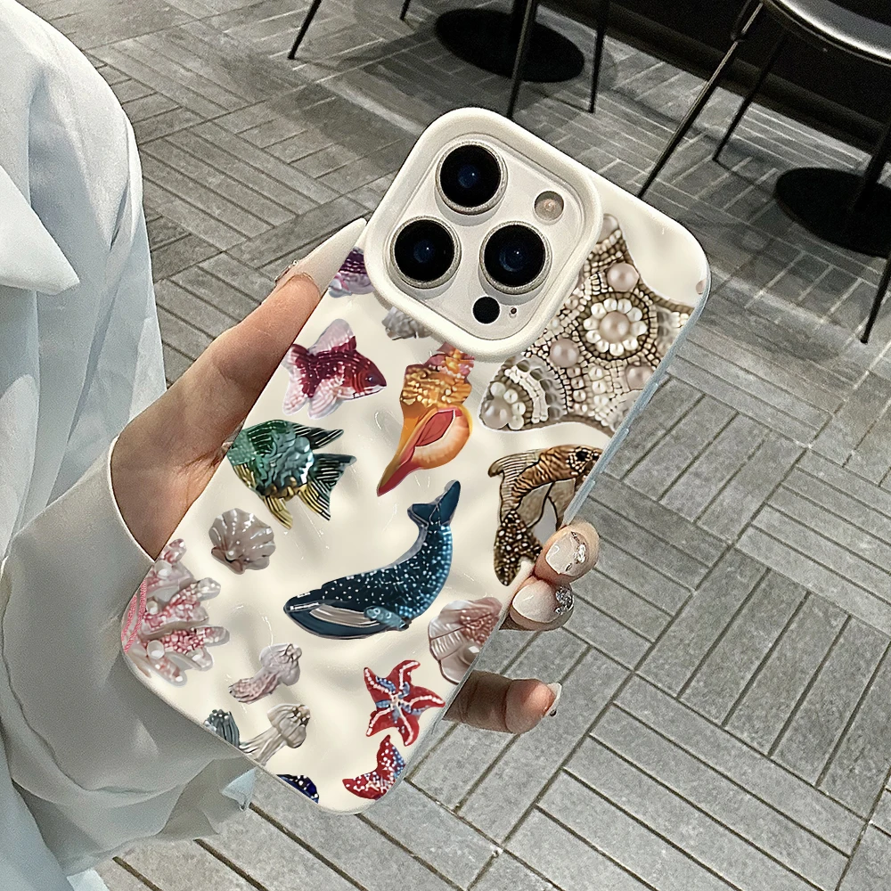 Luxuriöse Retro-Meerestier-Handyhülle für iPhone 17 16 15 14 13 12 11 Pro Max 14 Plus 17 Air Falten-Wellen-Soft-Silikon-Cover – Detail 4
