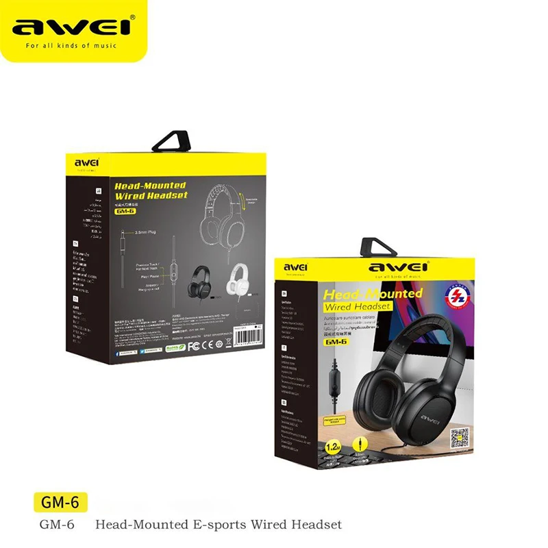 Awei GM-6 Wired Professional Headphone with Wire Control Game Wired Headset With Mic 3.5mm AUX Plug For PC Computer Laptop