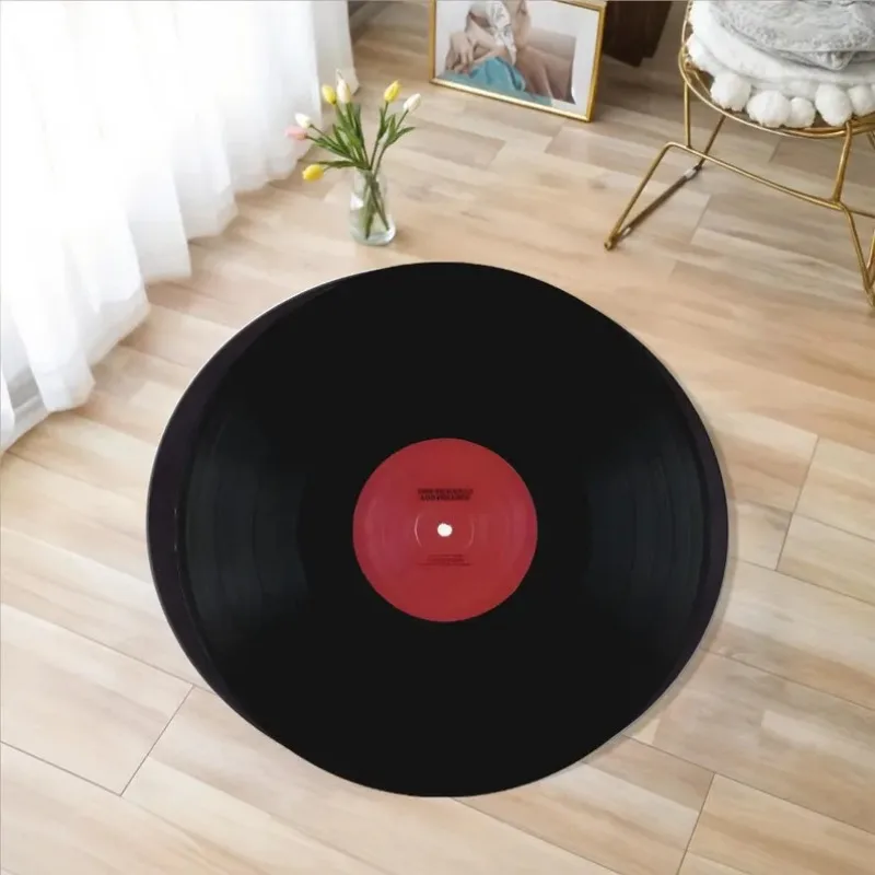 Retro Vinyl Record Round Area Rug – Printed Music Carpet for Living Room or Bedroom – Machine Washable, Non-Slip Floor Mat
