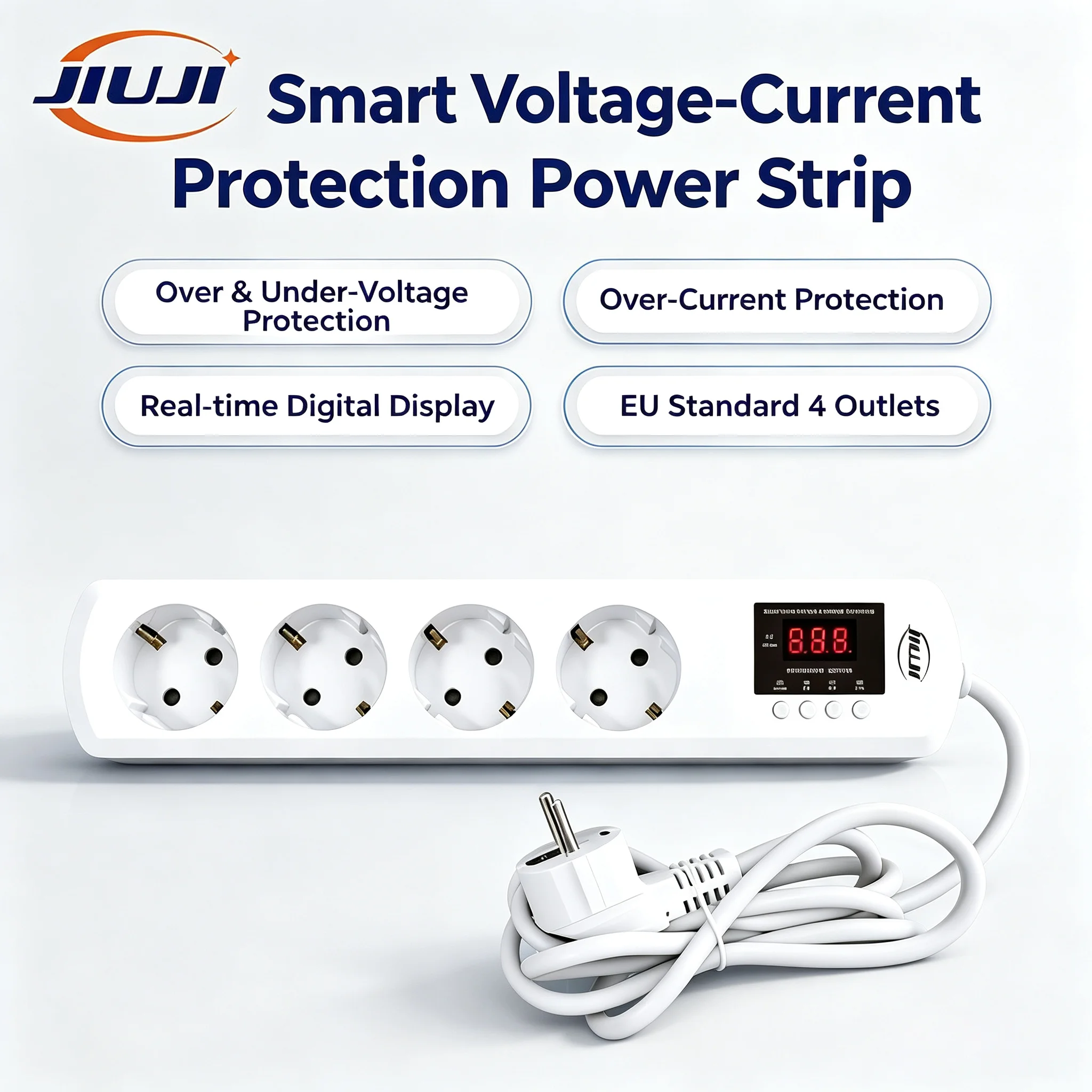 JIUJI EU Power Strip 4 Outlets Overvoltage Undervoltage Overcurrent Protector 16A 220V Digital Display Extension Lead 1.5M Cable